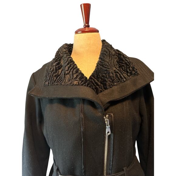 Guess Wool Blend Belted Coat XL Black Faux Fur Collar & Cuffs Winter Jacket - Picture 9 of 14